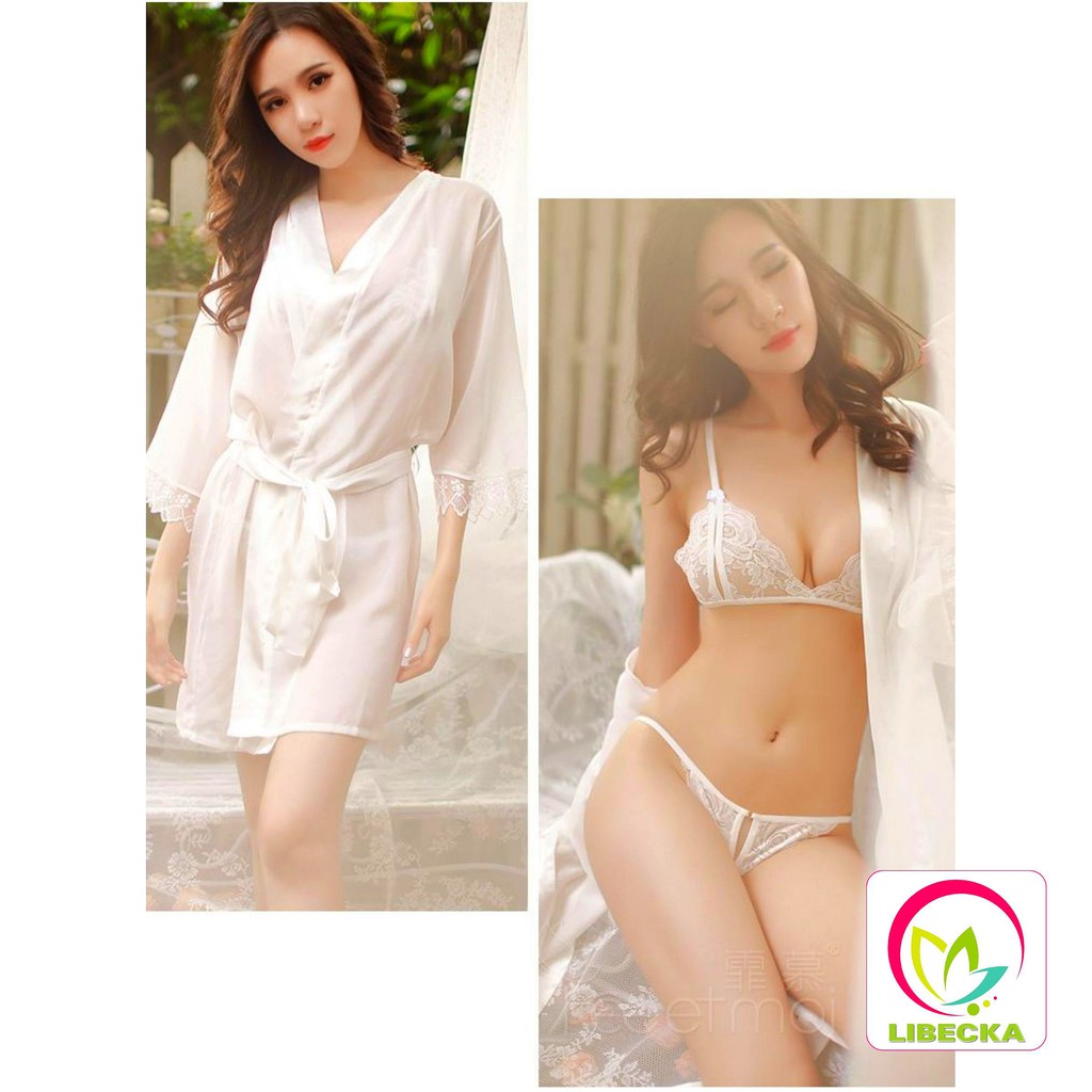 Áo khoác váy ngủ đẹp dễ thương Sexy gợi cảm quyến rũ chất liệu phi lụa xuyên thấu kiểu Hàn Quốc LIBECKA VAN12