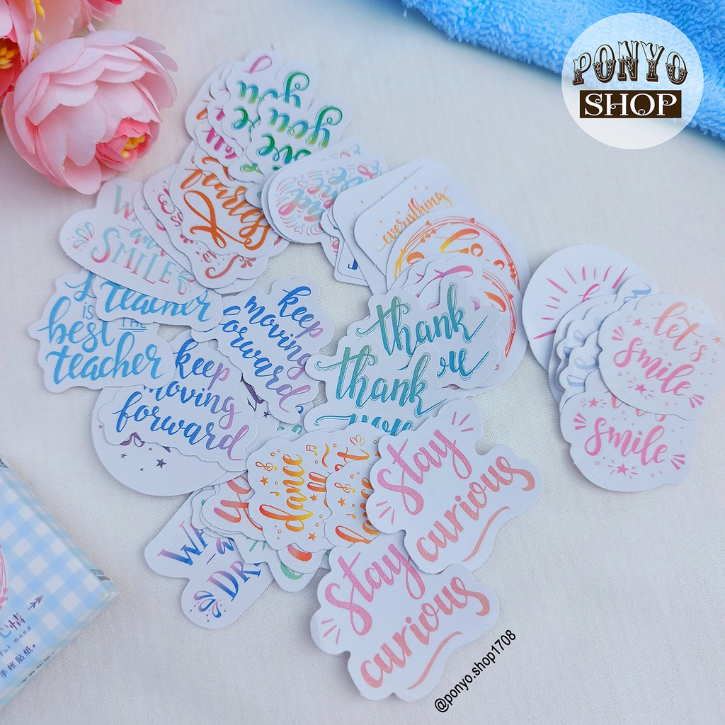 🦄 Hộp 46 sticker nhãn dán Colorful mood (Calligraphy) trang trí Scrapbook