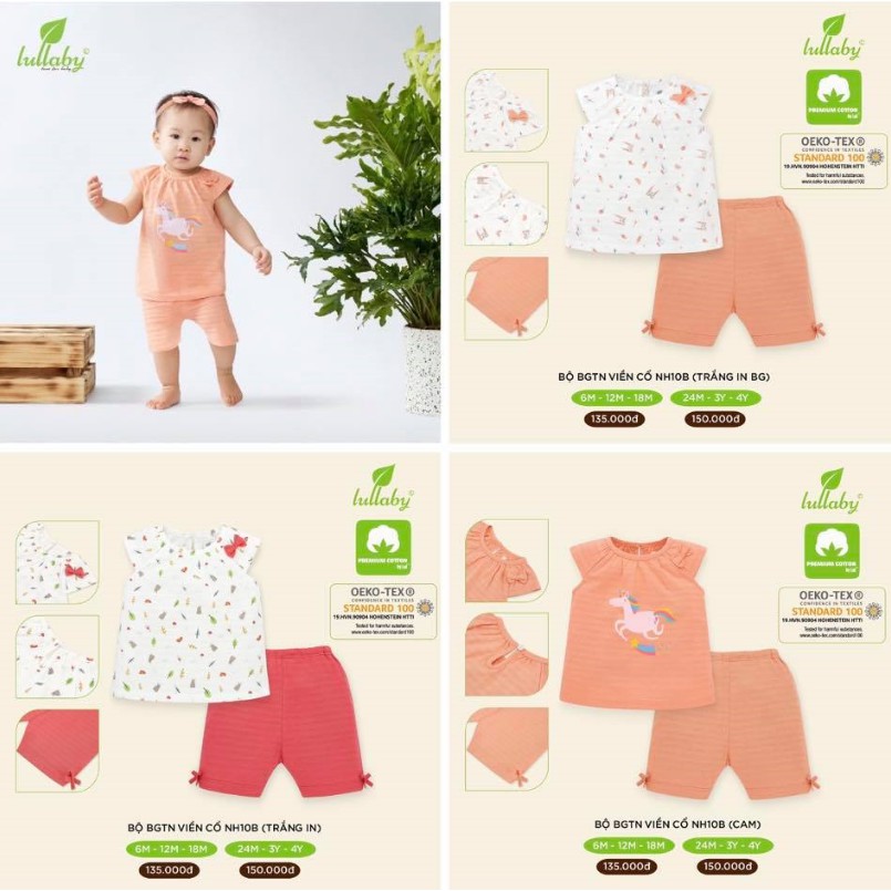 Bộ bé gái cộc tay cài vai viền cổ Lullaby NH10B (Sz 6m-4y)