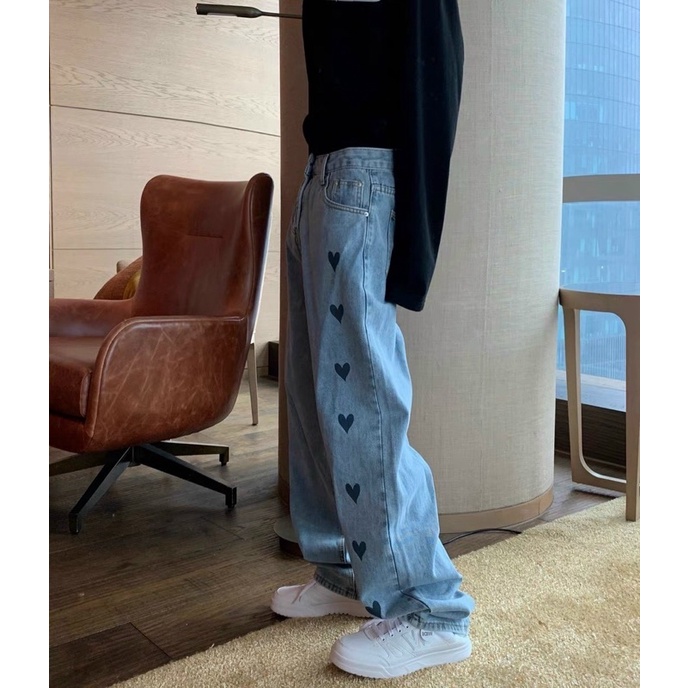 QUẦN BAGGY JEANS ỐNG RỘNG IN TIM UNISEX NAM NỮ (hình chụp thật)