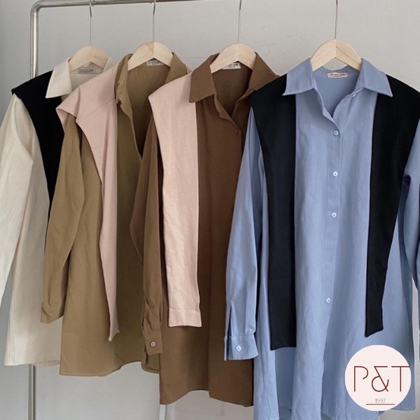 Váy sơ mi kèm khăn basic, đầm sơ mi tay dài kèm khăn thời trang