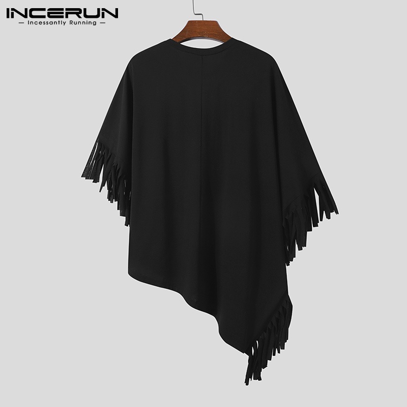 Áo thun kiểu INCERUN tay cánh dơi phối tua rua màu đen thời trang cá tính dành cho nam