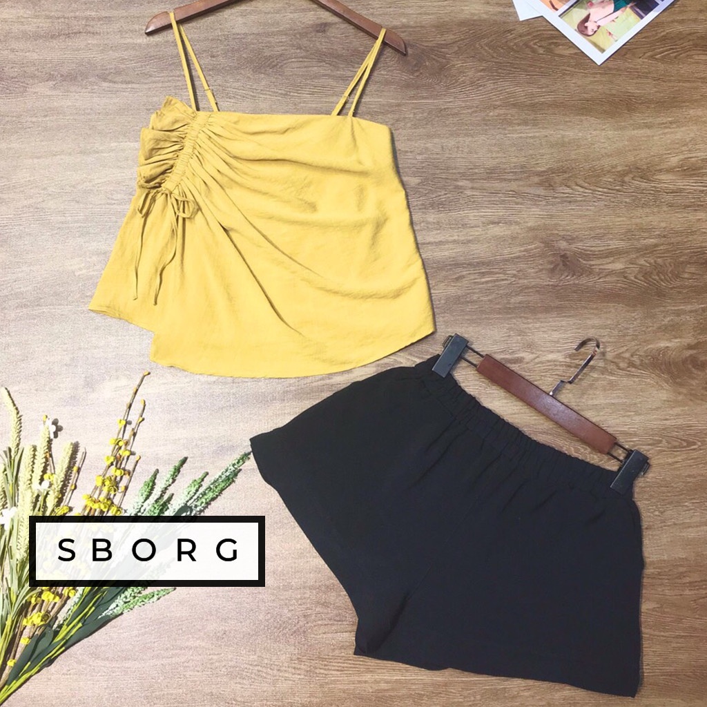 Áo thời trang nữ SBORG chất liệu xô hàn quốc 2 dây vạt xéo dún chỉ cute sexy freesize 55kg quà tặng vợ phối quần đùi