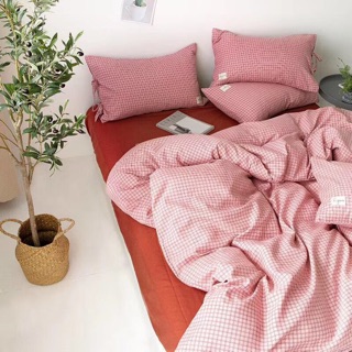 Set chăn ga đũi lụa kẻ vuông nhỏ hồng ga đỏ sang chanh_shinbedding_