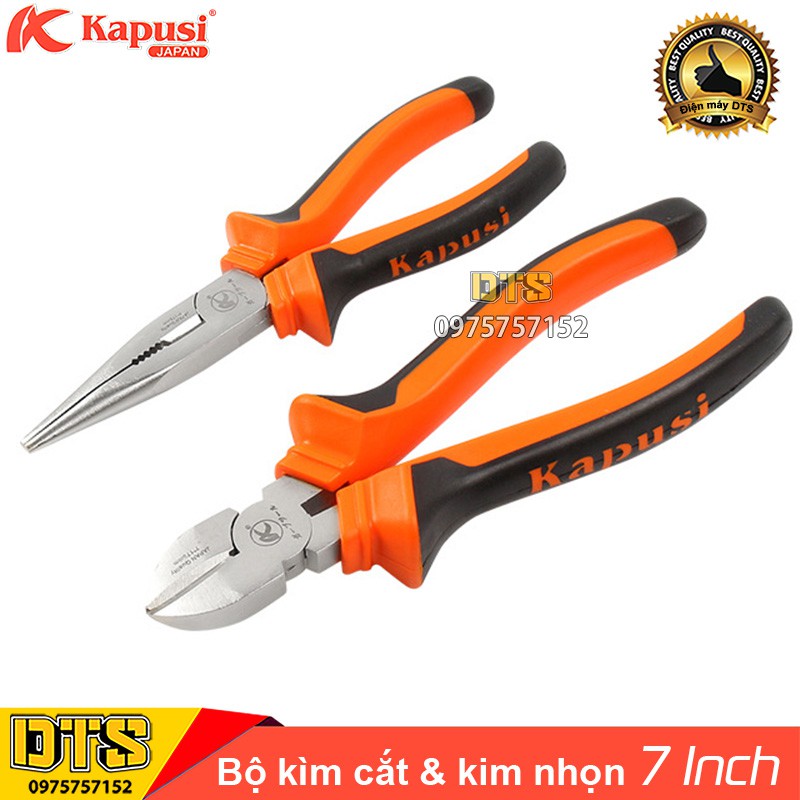 Bộ 2 kìm cắt, kìm nhọn công nghiệp kiểu Nhật Kapusi JAPAN 7 inch, hợp kim thép Niken, thiết kế tiết kiệm 30% lực bấm