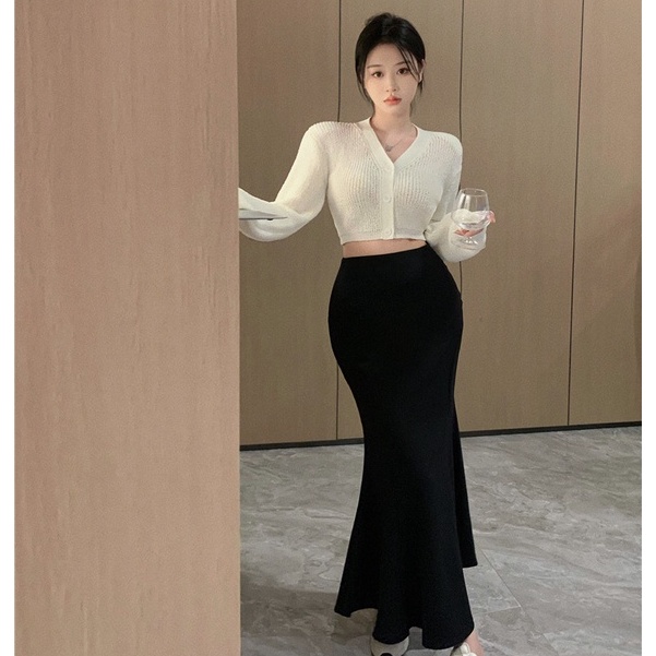 Set Áo Khoác Cardigan Dệt Kim Cổ Chữ V Dài Tay + Chân Váy Lưng Cao Thời Trang Nữ
