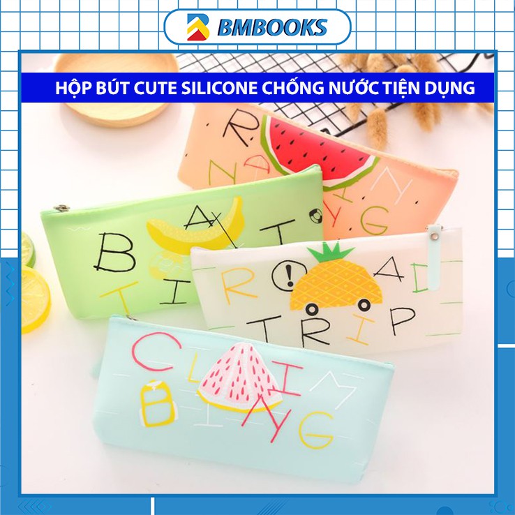 Hộp bút cute in Typography và Hoa quả chất liệu silicone chống nước khóa kéo tiện dụng BMBooks