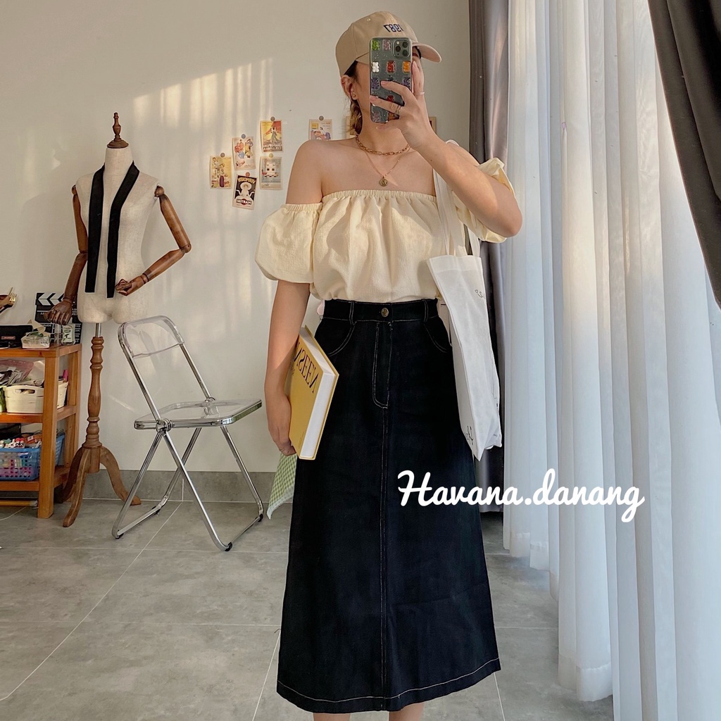 Chân váy kaki đen viền chỉ nổi AE25