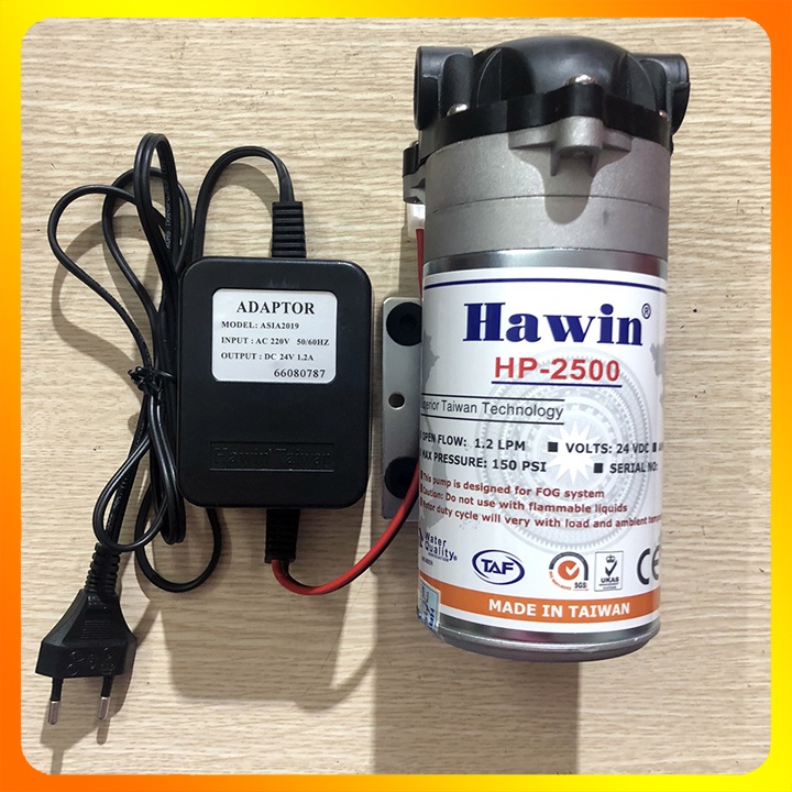 Máy bơm nước mini 24V Hawin có thể dùng bơm phun sương áp lực và nguồn Adaptor 24V