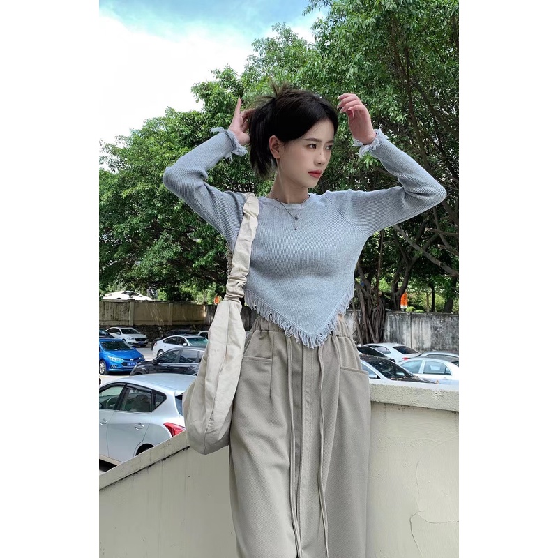 NUZIRO  Áo dệt kim  tay dài cổ tròn màu sắc đơn giản phong cách Hàn Quốc cho nữ