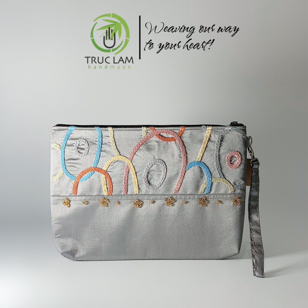Ví Cầm Tay Đựng Ipad Clutch Thêu Móc Xích Đính Hạt Cườm Vải Tafta Cỡ To - Trúc Lâm Handmade