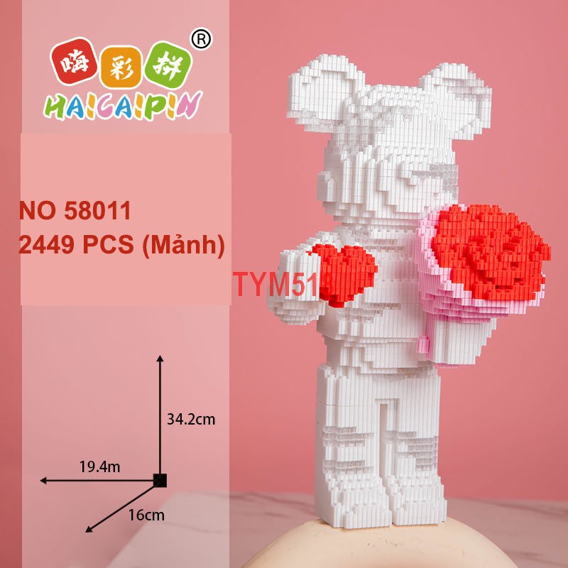 Xếp hình Gấu Bearbrick ôm hoa cầm hoa 35cm Đồ chơi lắp ráp mô hình cỡ lớn bear bricK cho bé