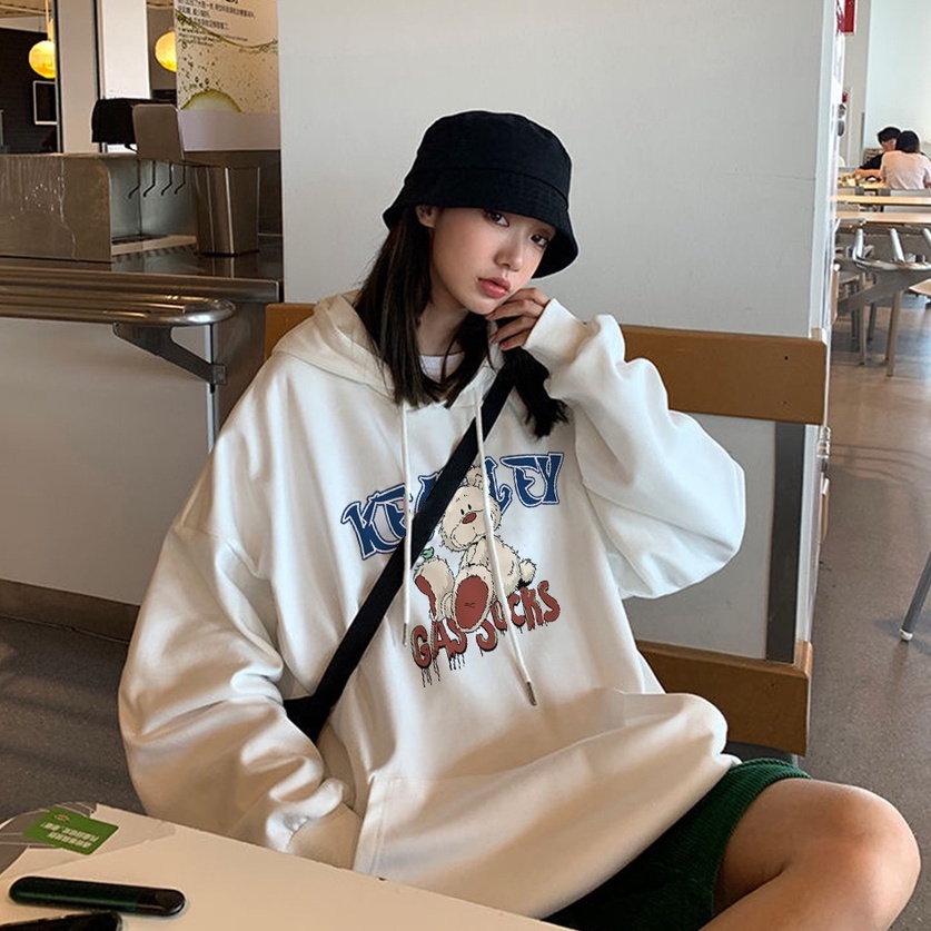 Áo sweater ZHELIHANGFEI tay dài dáng rộng họa tiết gấu in phong cách Preppy