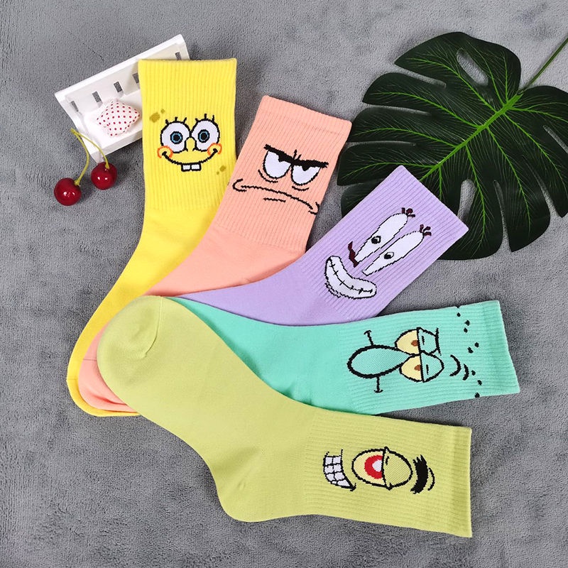 Đôi vớ thể thao ống cai in họa tiết hoạt hình Spongebob dễ thương vui nhộn thời trang thu đông dành cho nữ