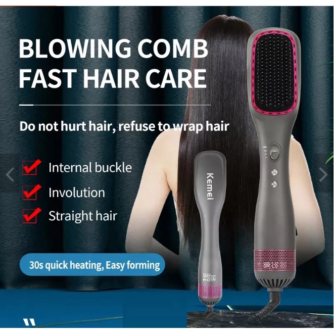 Lược Chải Tóc Thẳng, Lược Sấy Tóc 2 in 1 Kemei 1327