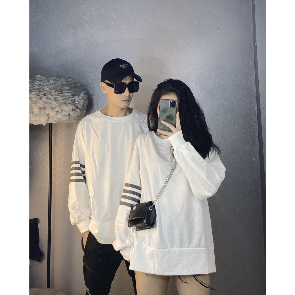 [Ảnh Thật] Áo Thun Nỉ Da Cá Dài Tay Unisex 1 Bên Tay Kẻ 2 Màu Xám/Trắng | BigBuy360 - bigbuy360.vn