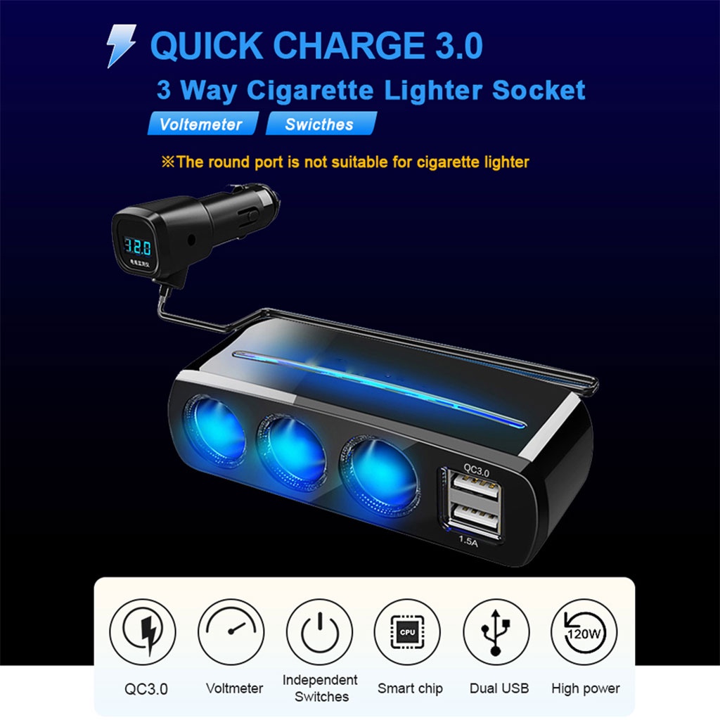 Củ Sạc Nhanh Với 2 Cổng USB Và 3 Cổng USB 3.1A Có Đèn Và Màn Hình Hiển Thị Điện Áp Cho Xe Hơi