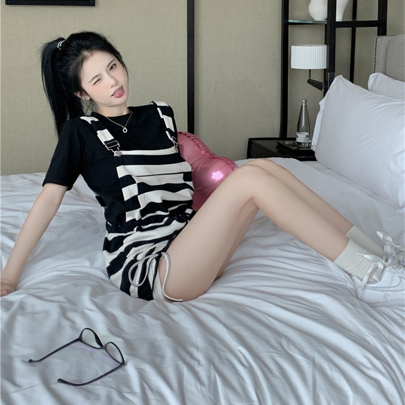 Jumpsuit Dây Rút Kẻ Sọc Dáng Rộng Tay Ngắn Thời Trang Mùa Hè Cho Nữ