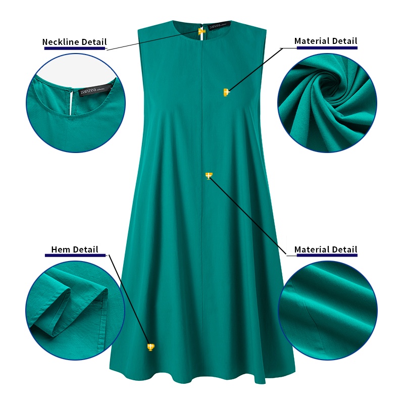 Đầm mini Zanzea không tay cổ tròn cài nút sau lưng màu trơn kiểu vintage cho nữ