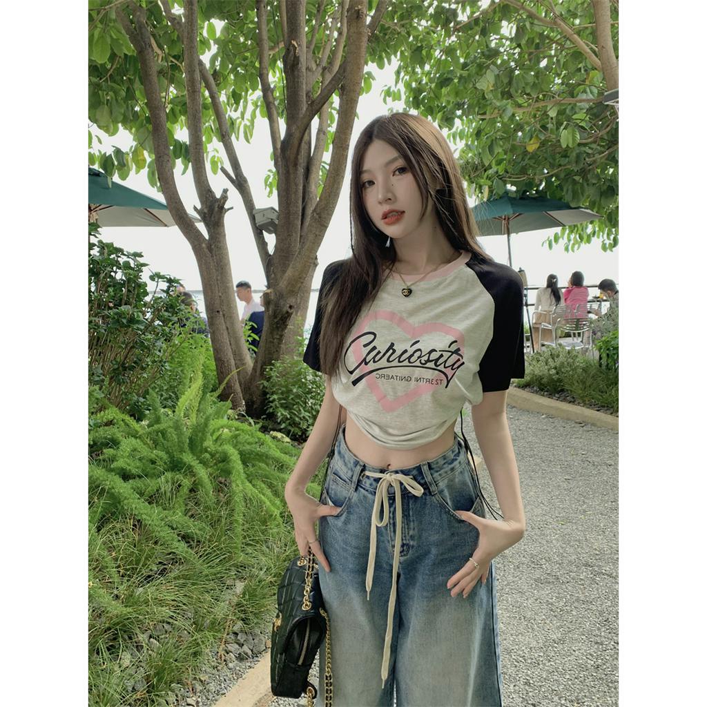 Áo Chui Đầu Tay Ngắn Cổ Tròn Phối Dây Rút In Họa Tiết Xinh Xắn