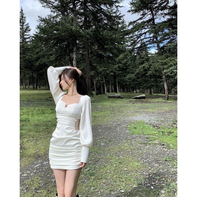 Váy body rút dây khoét eo tay dài cài cúc sang trọng