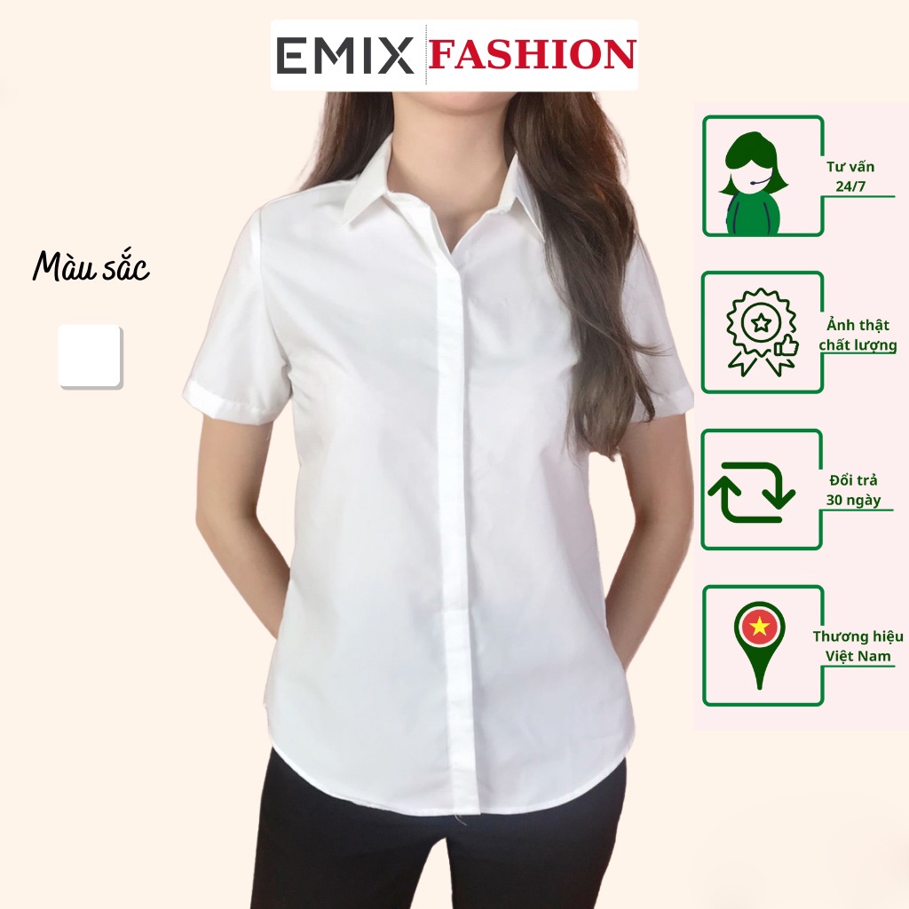 Áo sơ mi nữ cộc tay EMIX (màu trắng), công sở, dáng dài, tay ngắn, chất lụa thô đẹp không lộ, mềm mại