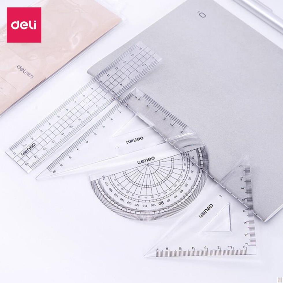 Bộ 4 dụng cụ eke học sinh Deli - 1 bộ eke thước kẻ đo góc tam giác vuông - 71988 - Deli