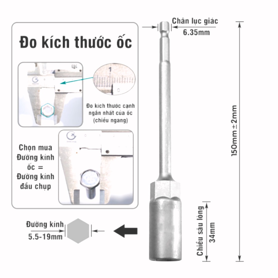 Bộ 15 Đầu chụp BuLong 150mm chân lục giác cho khoan pin và khoan điện sâu lòng - Đủ kích thước