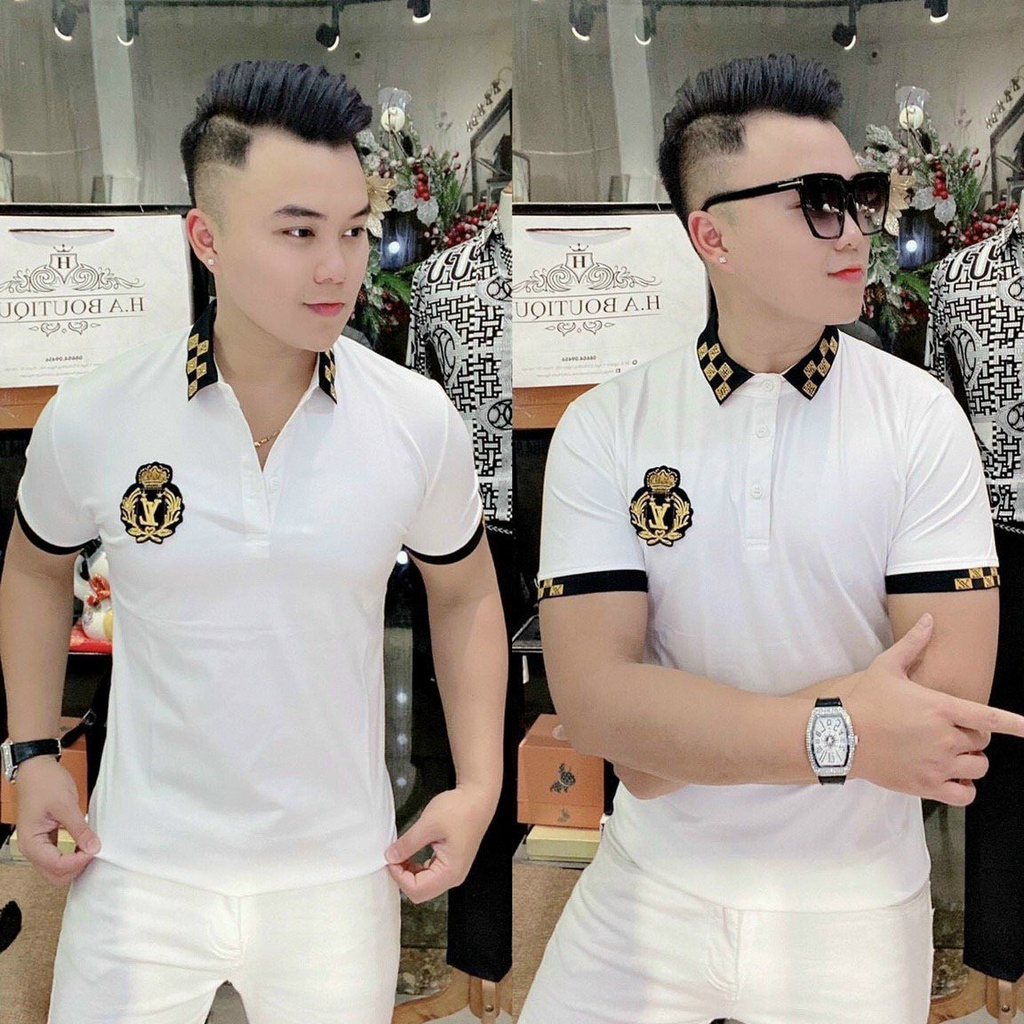 Áo phông nam có cổ tay ngắn thêu LV vải thun poly cotton co giãn thêu họa tiết - ATN4702