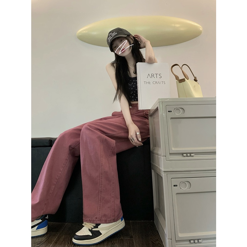 Ethelgirl Quần Jean Nữ Lưng Cao Ống Rộng Phong Cách retro Mỹ Cá Tính