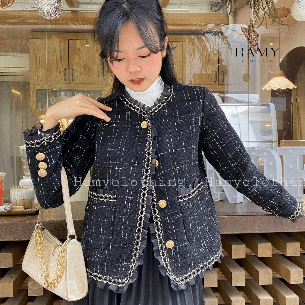 Áo khoác nữ Hamy A-30 dạ Tweed vải dệt dày tự nhiên màu kem viền ngọc đen | BigBuy360 - bigbuy360.vn
