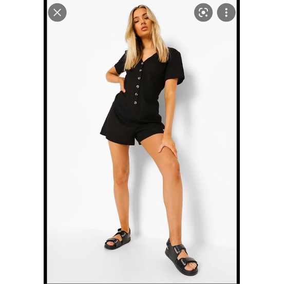 Romper linen đũi mùa hè VNXK playsuit jumpsuit cổ tròn phối hàng nút eo chun bo nhún jum xuất khẩu dư xịn