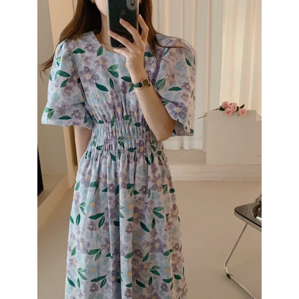 Váy hoa nhí cổ tròn tay phồng chun eo dáng dài phong cách vintage Linzstore V1653