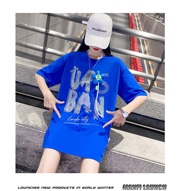 Áo Thun Nữ Ngắn Tay Cổ Tròn Đính Đá Xanh Dương