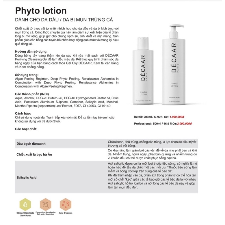 Décaar / Decaar Phyto Lotion - Tinh chất cân bằng dầu thừa trên da thu nhỏ lỗ chân lông