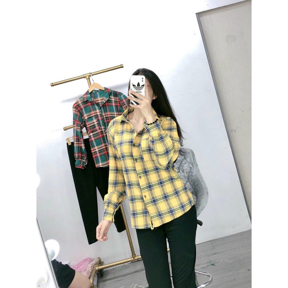 Set sơ mi sọc caro áo dài tay, quần legging ôm cho nữ mặc nhà, mặc đi chơi, vải đẹp cực kỳ kín đáo