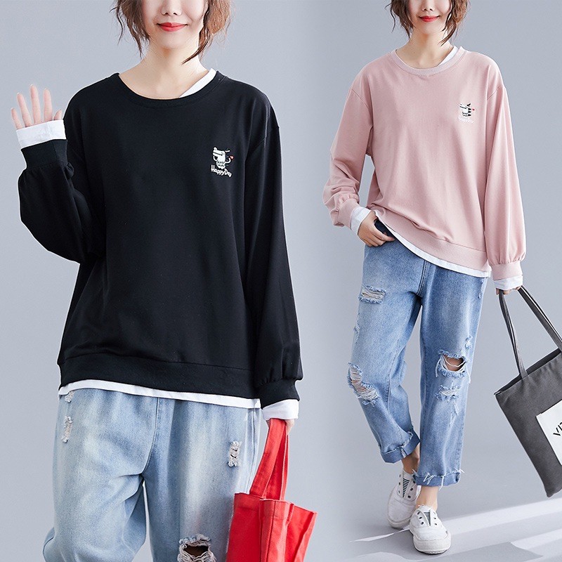 SW1695 [THU ĐÔNG 2020] Áo nỉ nữ hoodie cổ tròn không mũ chất liệu cotton quảng châu cao cấp phối viền siêu xinh