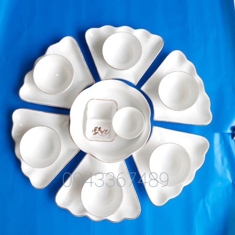 Trọn bộ bát đĩa hoa mặt trời sứ Bát Tràng vẽ vàng, ĐK 55cm