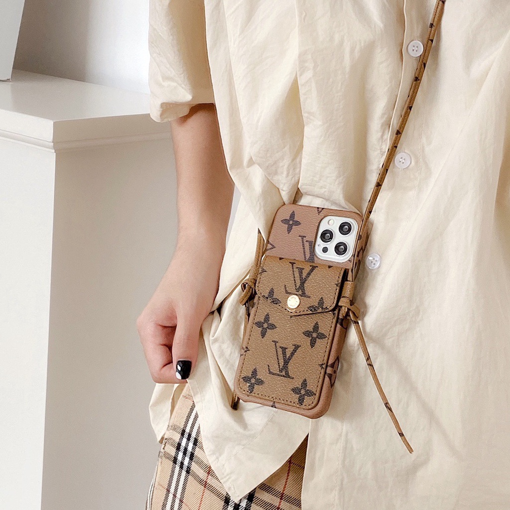 Ốp điện thoại dạng ví da có dây đeo chéo thời trang lv thích hợp cho iphone 13 12 11 pro max xs x xr 7p 8p