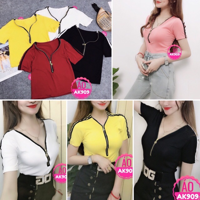 Áo thun tia kéo sâu cổ tim viền sọc vai- HÌNH THẬT 100%