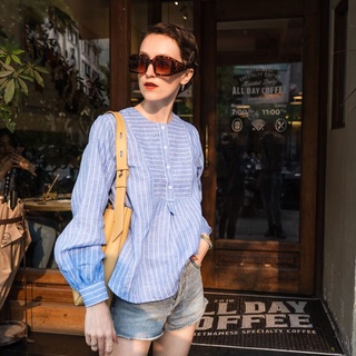 TheBlueTshirt - Áo Sơ Mi Nữ Vải Lanh Xanh Dương Sọc Trắng - Earth Linen Shirt - 100% Linen Blue Stripe
