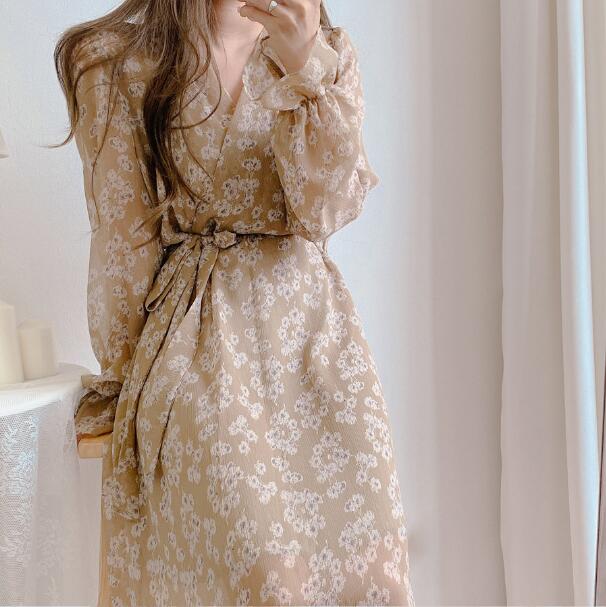 Đầm voan hoa SUXI tay dài cổ chữ v phong cách hàn quốc cho nữ