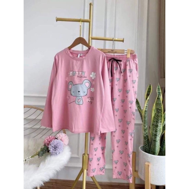 Set bộ quần áo dài tay mặc nhà cotton hình con chuột MH