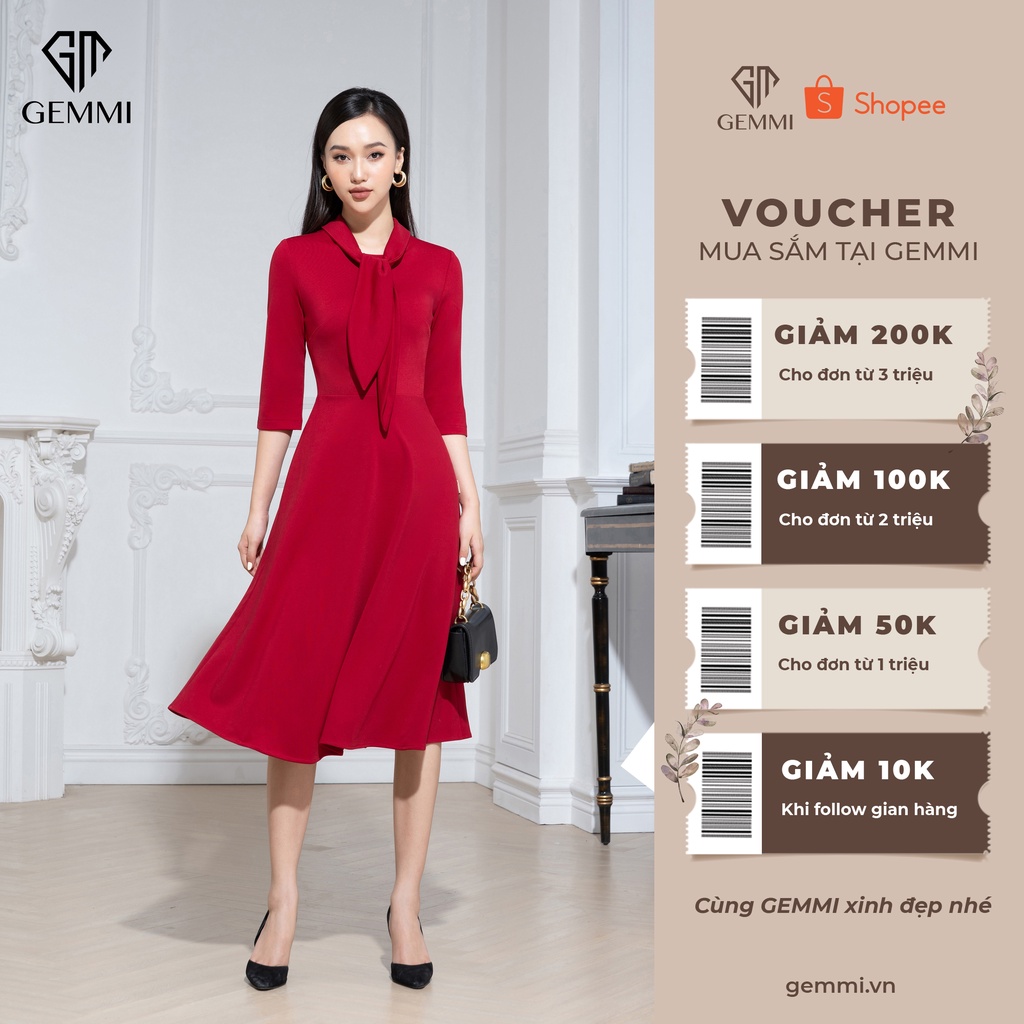 Váy đầm nữ công sở dáng xòe thiết kế tay lỡ cổ nơ Gemmi fashion, DK8497