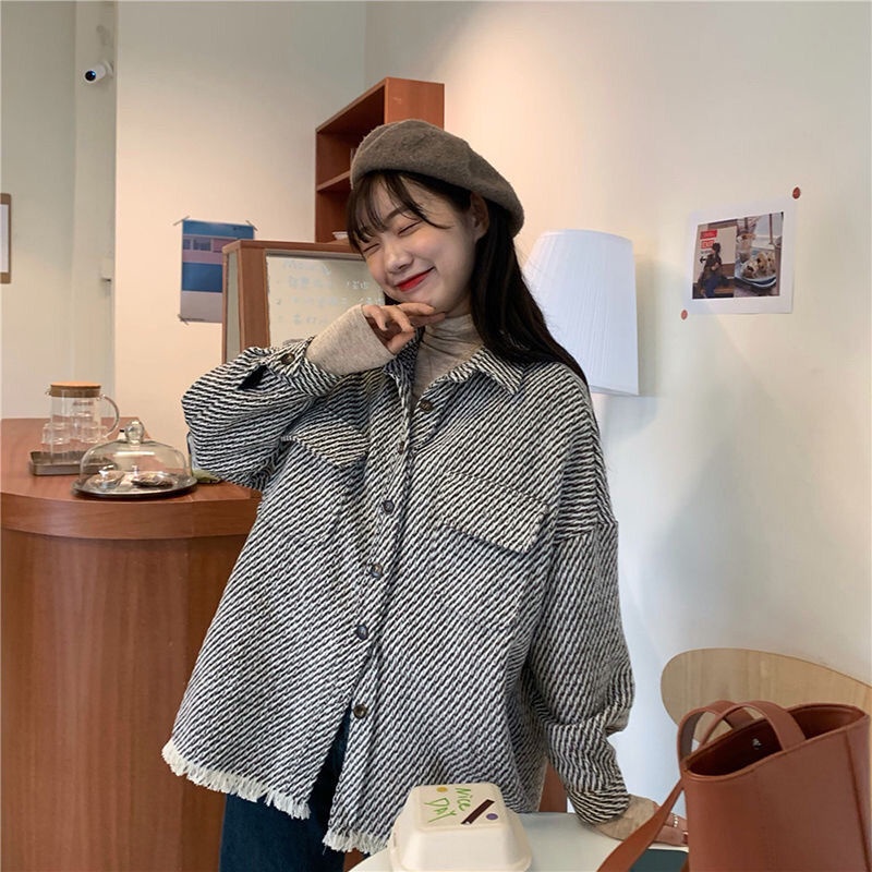 Áo Sơ Mi Tay Dài Cổ POLO Kẻ Sọc Phong Cách Retro Thời Trang Mới 2022