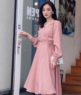 Đầm caro form dài đan dây eo