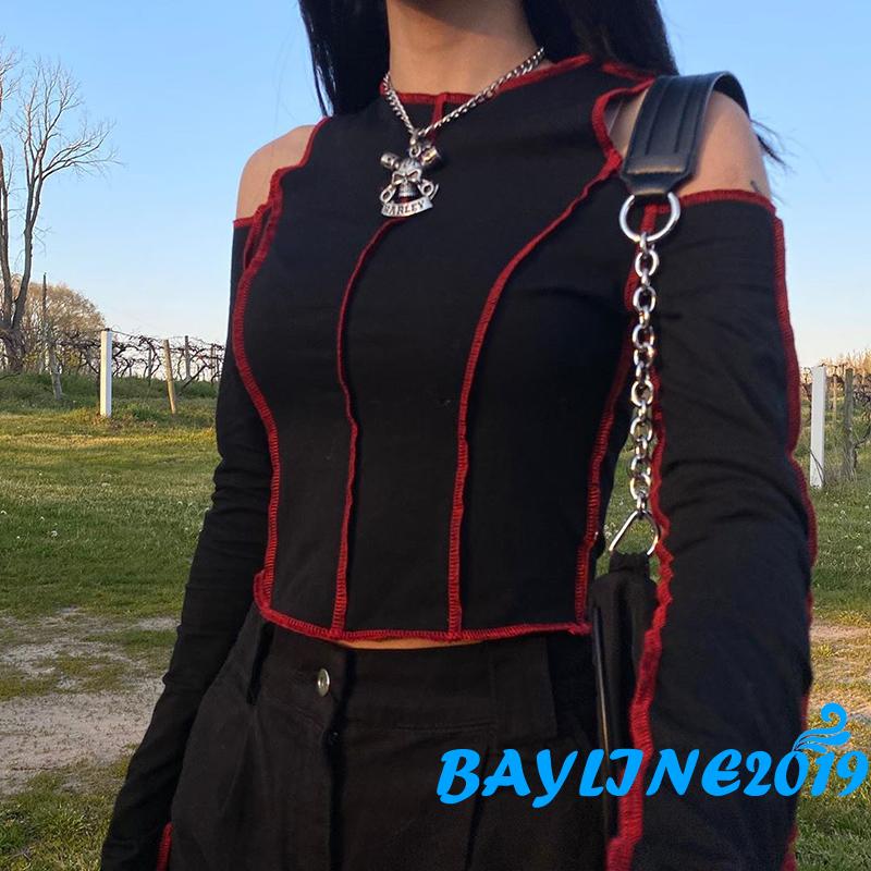 Áo Croptop Tay Dài Xẻ Vai Cổ Tròn Quyến Rũ Cho Nữ