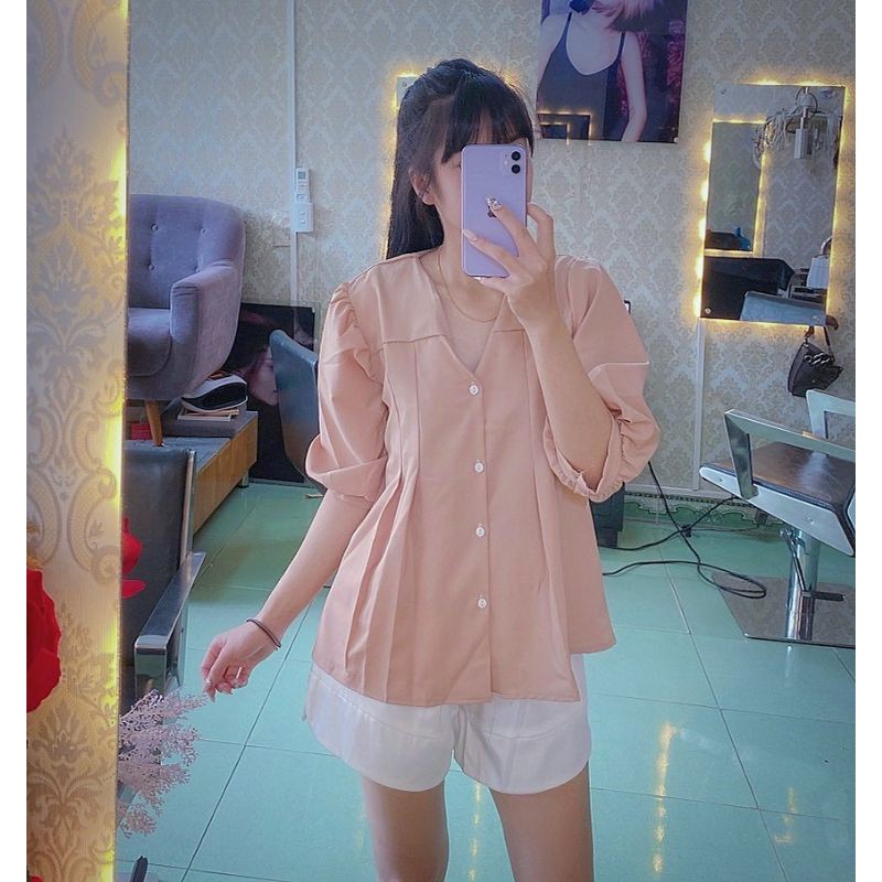 Áo Sơ Mi Kiểu Cổ Tim Tay Lỡ Hàng QCCC