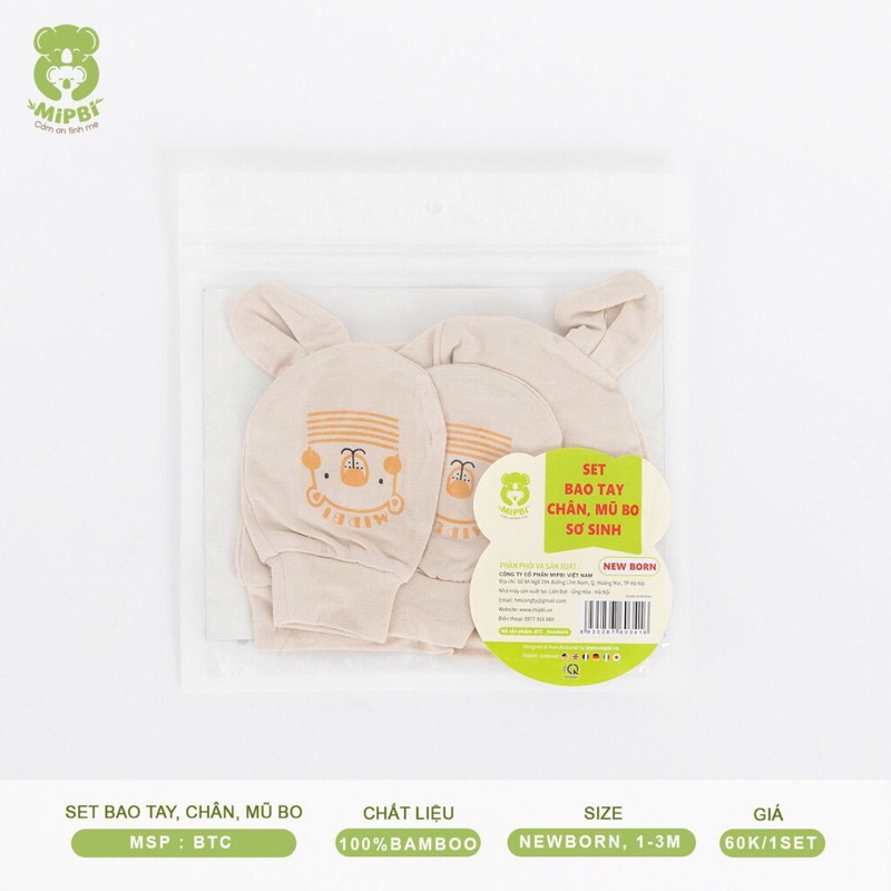 Sét bao tay chân mũ sơ sinh Mipbi 100% sợi tre cho bé 1-3m