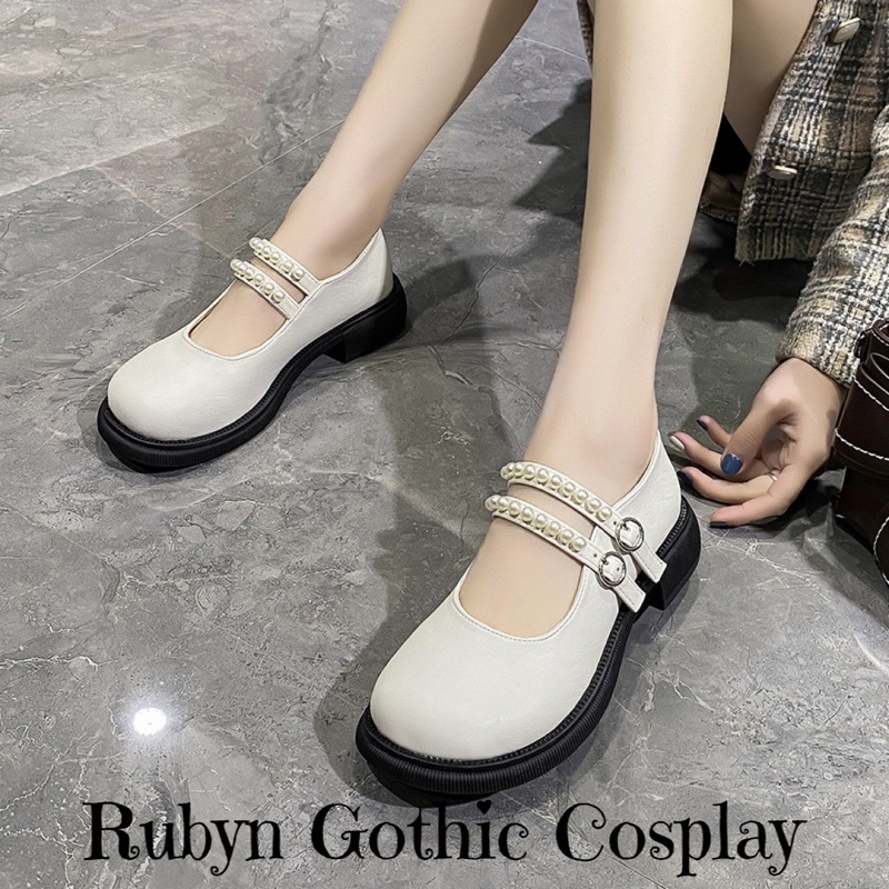 [Sẵn + NÊN LÙI 1 SIZE ] Giày Lolita Tiểu Thư 2 Quai Đính Hạt ( mẫu mới 2022 ) 2 màu trắng, đen